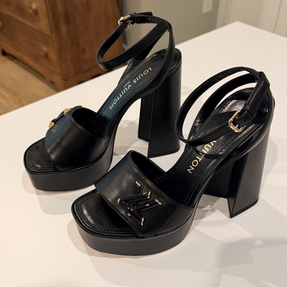 Louis Vuitton Black Leather LV logo embellished Shake Platform sandals EU 38 - Picture 3 of 16